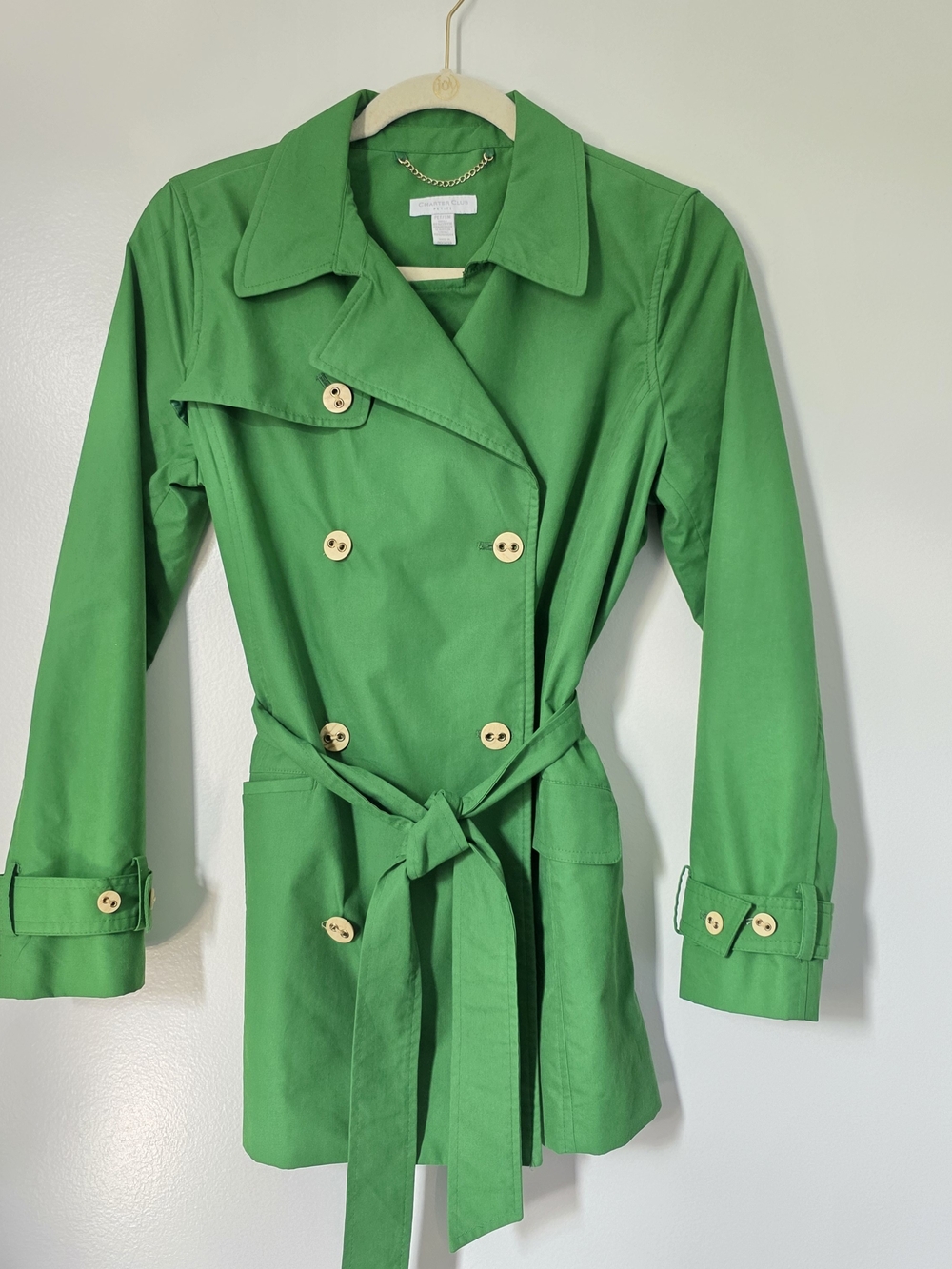 Charter Club Petite Green Double-breasted Belted Trench Coat P/SM